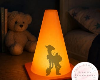 Toy Character Silhouette Night Light | 3D Printed Cone Lamp | USB LED Kids Room Decor | Pixar Inspired | Construction Theme | Kids Bedroom