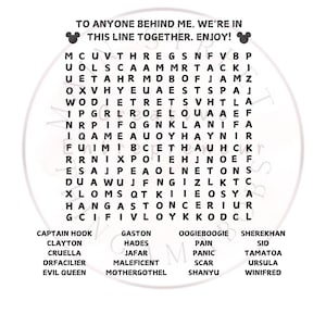 Peut inclure: Un mot croisé en noir et blanc mettant en scène des personnages de films d'animation Disney. Le puzzle comprend les noms de personnages tels que Captain Crochet, Gaston, Oogie Boogie et Ursula. Le texte "To anyone behind me, we're in this line together. Enjoy!" est en haut du puzzle.