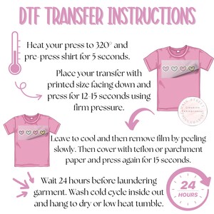 K&ouml;nnte beinhalten: Grafik mit DTF-Transferanweisungen. Der Text beschreibt den Prozess des Hei&szlig;pressens eines T-Shirts, einschlie&szlig;lich Temperatur, Zeit und Abk&uuml;hlhinweise. Die Grafik zeigt auch ein rosa T-Shirt mit Herzmotiven.