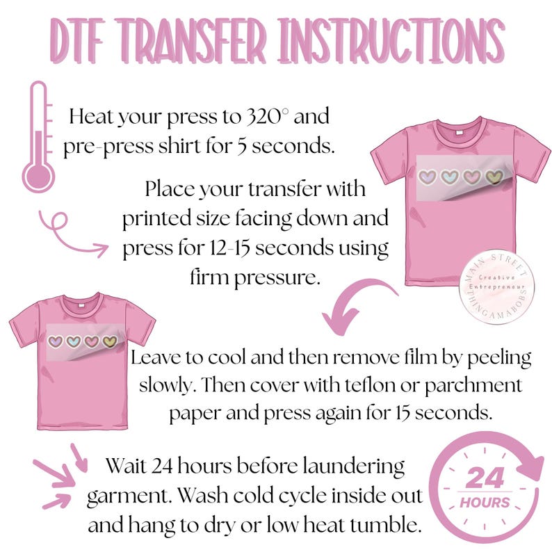 K&ouml;nnte beinhalten: Grafik mit DTF-Transferanweisungen. Der Text beschreibt den Prozess des Hei&szlig;pressens eines T-Shirts, einschlie&szlig;lich Temperatur, Zeit und Abk&uuml;hlhinweise. Die Grafik zeigt auch ein rosa T-Shirt mit Herzmotiven.