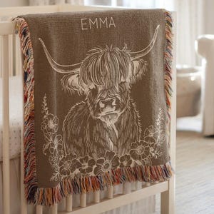 Personalized Highland Cow Baby Blanket, Custom Highland Cow Baby Blanket with Name, Rustic Farmhouse Baby Gift, Vintage Farm Nursery Decor