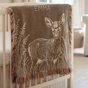Cobertor de bebê com veado personalizado, cobertor de berçário com tema de floresta, cobertor com nome de veado personalizado para bebê, presente de batismo, presente de chá de bebê, veado vintage