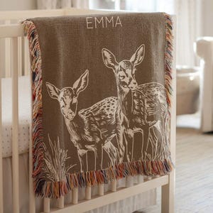Cobertor de bebê com veado personalizado, cobertor de berçário com tema de floresta, cobertor com nome de veado personalizado para bebê, presente de batismo, presente de chá de bebê, veado vintage