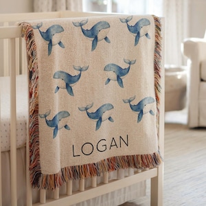 Personalized Whale Baby Blanket, Custom Name Ocean Nursery Throw, Baby Shower Gift for Boys or Girls, Blue Sea Life Pattern Blanket