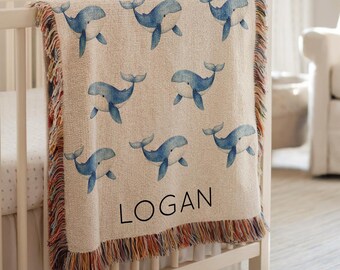Personalized Whale Baby Blanket, Custom Name Ocean Nursery Throw, Baby Shower Gift for Boys or Girls, Blue Sea Life Pattern Blanket