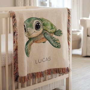 Personalized Sea Turtle Baby Blanket, Custom Ocean Nursery Throw with Name, Baby Shower Gift for Boys or Girls, Marine Animal Blanket