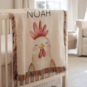 Personalized Rooster Baby Blanket, Farm Animal Crib Throw with Name, Custom Baby Shower Gift, Chicken Nursery Decor, Barnyard Baby Blanket