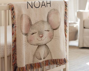 Personalized Mouse Baby Blanket, Custom Crib Throw with Name, Baby Shower Gift, Cute Animal Nursery Decor, Baby Blanket with Woodland Mouse