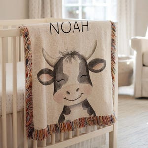 Personalized Cow Baby Blanket, Custom Crib Throw with Name, Farm Animal Nursery Decor, Baby Shower Gift, Baby Blanket with Cow Print Design
