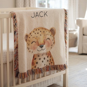 Personalisierte Safari Jaguar Baby Decke, Dschungel Tier Name Werfen, Benutzerdefinierte Baby Geschenk, Gepard Kinderzimmer Decke Safari Krippe Bettwäsche