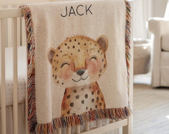 Personalized Safari Jaguar Baby Blanket, Jungle Animal Name Throw, Custom Baby Gift, Cheetah Nursery Blanket, Safari Crib Bedding