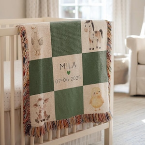 Personalized Farm Animal Baby Blanket, Custom Patchwork Crib Throw with Name, Baby Shower Gift, Barnyard Nursery Decor, Farm Animal Blanket