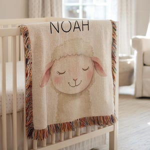 Personalized Lamb Baby Blanket, Custom Name Farm Animal Crib Throw, Baby Shower Gift, Sheep Nursery Decor, Sheep Baby Blanket for Boys