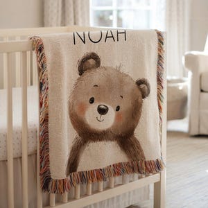 Personalisierte Waldbär Babydecke, individuelle Walddecke für Jungen, Kinderzimmerdekor, Waldtierkrippe werfen, Babypartygeschenk