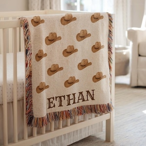 Personalized Cowboy Woven Baby Blanket, Baby Name Blanket with Cowboy Hat Pattern, Custom Newborn Gift, Western Baby Boy Crib Throw