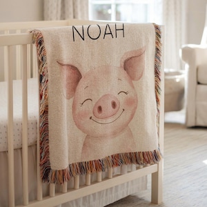 Personalized Pig Baby Blanket, Custom Farm Animal Crib Throw with Name, Baby Shower Gift, Piglet Nursery Decor, Baby Blanket for Boys Girls