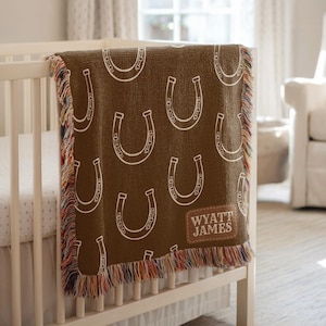 Personalized Cowboy Horseshoe Baby Blanket, Western Baby Blanket, Horseshoe Name Blanket, Rustic Nursery Throw, Custom Baby Gift Horseshoe