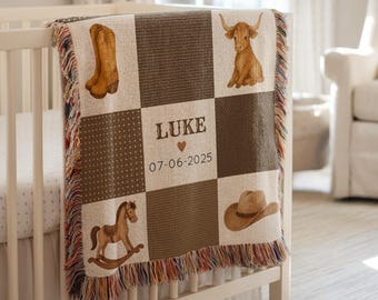 Personlig cowboy vävd babyfilt, babynamnfilt för pojkar, västerländsk arvfilt, anpassad present till nyfödd, cowboy barnrumsdekor
