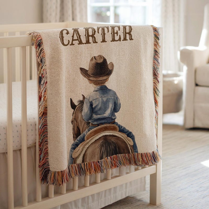 Personalized Cowboy Baby Blanket, Custom Western Nursery Throw with Name, Rustic Horseback Crib Quilt Country Baby Boy or Girl Keepsake Gift