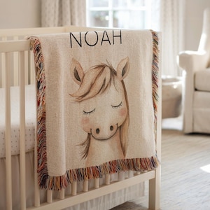 Personalized Horse Baby Blanket, Custom Crib Throw with Name, Western Baby Shower Gift, Farm Animal Nursery Decor, Baby Blanket with Horse