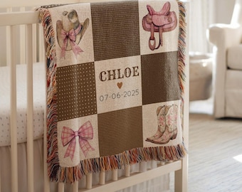 Gepersonaliseerde cowgirl babydeken, aangepaste patchwork babynaamdeken, babyshower cadeau voor meisjes, decor kinderkamer, westerse wiegworp