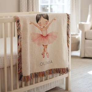 Personalized Ballerina Blanket for Girls, Custom Name Ballerina Pink Tutu Throw, Ballet Gift for Toddler or Baby Room Dark Hair Girl Version