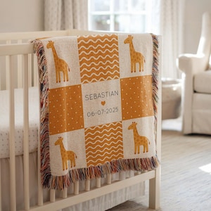 Personalized Giraffe Baby Blanket, Safari Nursery Blanket, Custom Name Baby Gift Girls, Jungle Animal Crib Throw, Giraffe Nursery Blanket