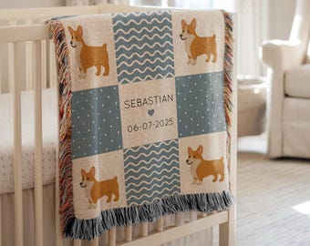 Couverture personnalisée pour bébé chien corgi, jeté de chiot avec nom personnalisé pour garçons ou filles, décoration de chambre de bébé corgi mignon, cadeau de baby shower pour amoureux des chiens