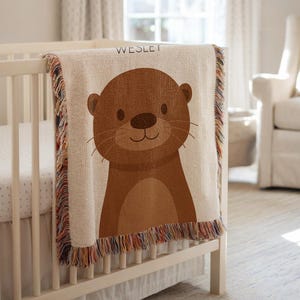 Personalized Otter Portrait Blanket, Custom Otter Baby Throw for Boys, Woodland Nursery Otter Decor, Otter Nursery Gift, Baby Boy Otter Gift