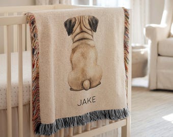 Personalized Pug Dog Baby Blanket, Custom Name Puppy Throw for Boys or Girls, Cute Dog Lover Baby Gift, Pug Nursery Decor Blanket