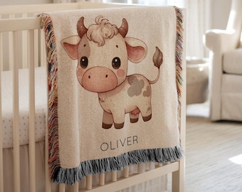 Gepersonaliseerde koe babydeken, aangepaste naam boerderij dierenprint plaid, gezellig landelijk kinderdagverblijf beddengoed, schattig babyshowercadeau voor jongens en meisjes