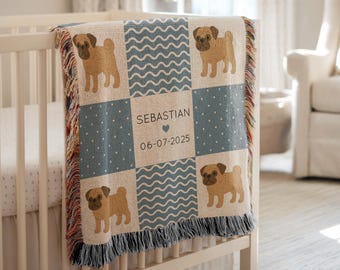 Personalized Pug Dog Baby Blanket, Custom Name Puppy Throw for Boys or Girls, Cute Dog Lover Baby Gift, Pug Nursery Decor Blanket