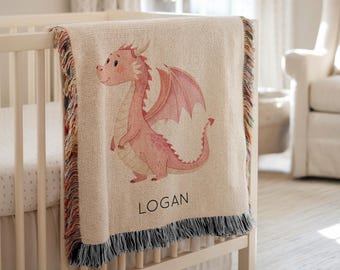 Personalized Pink Dragon Baby Blanket, Custom Name Fantasy Nursery Throw, Cute Dragon Baby Shower Gift for Girls