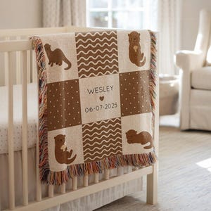 Personalized Otter Blanket, Custom Otter Patchwork Baby Throw for Boys, Woodland Nursery Otter Decor, Otter Nursery Gift Baby Boy Otter Gift