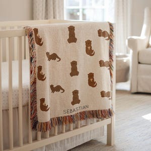 Personalized Otter Blanket, Custom Otter Pattern Baby Throw for Boys, Woodland Nursery Otter Decor, Otter Nursery Gift, Baby Boy Otter Gift