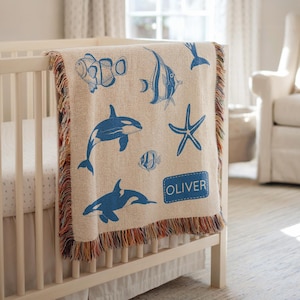 Personalized Ocean Baby Blanket, Orca Whale Nursery Blanket, Custom Name Sea Life Crib Throw, Underwater Animal Baby Gift for Boys or Girls