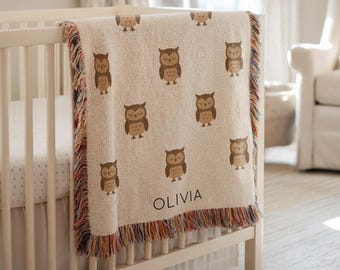 Personalized Owl Baby Blanket, Custom Name Woodland Animal Blanket, Forest Nursery Gift, Baby Shower Blanket with Owl Design Owl Baby Shower