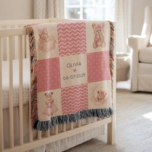 Personalized Teddy Bear Patchwork Blanket, Custom Name  Date Girl Throw, Pink Moon & Bow Baby Quilt, Baby Girl Gift, Nursery Decor