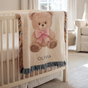Personalized Teddy Bear Baby Blanket, Custom Name Pink Bow Throw for Girls, Cute Nursery Decor Gift, Soft Bear Baby Girl Blanket Keepsake