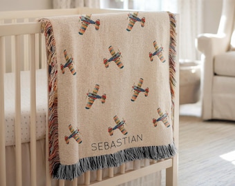 Personalized Rainbow Plane Baby Blanket, Custom Name Multicolor Airplane Print Throw, Colorful Aviation Nursery Gift, Pilot Baby Shower Gift