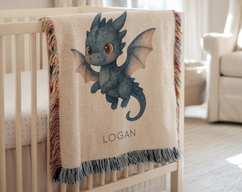 Personalized Blue Dragon Baby Blanket, Custom Name Fantasy Dragon Throw for Boys, Soft Nursery Gift for Baby Boy, Toddler Room Decor