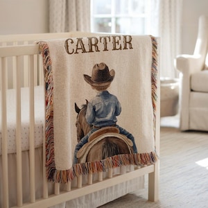 Personalized Cowboy Baby Blanket, Custom Western Nursery Throw with Name, Rustic Horseback Crib Quilt Country Baby Boy or Girl Keepsake Gift