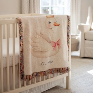 Personalized Swan Blanket for Girls, Custom Name Baby Blanket with Crown and Bow, Princess Animal Gift for Nursery, Cute Goose Swan Princess
