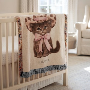 Personalized Cowgirl Cat Baby Blanket, Custom Name Pink Kitten Throw for Girls, Coquette Western Nursery Decor, Baby Girl Farm Gift