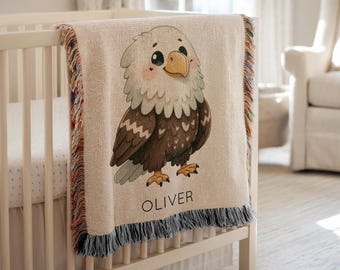 Personalized Eagle Baby Blanket, Custom Name Majestic Bird Print Throw, Cozy Wildlife Nursery Bedding, Nature Animal Baby Shower Gift