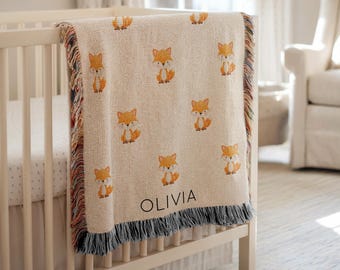 Personalisierte Fuchs Baby Decke, Name Wald Tier Print Werfen, gemütliche Wald Kinderzimmer Bettwäsche, niedliches Babypartygeschenk für neue Eltern