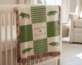Personalized Crocodile Baby Blanket, Safari Nursery Blanket, Custom Crocodile Nursery Blanket Boys, Jungle Animal Crib Throw, Safari Decor