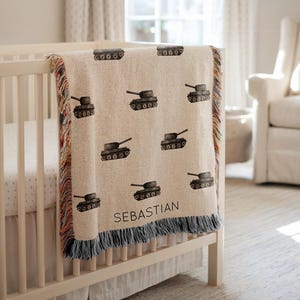 Personalized Black Tank Baby Blanket, Custom Name Army Vehicle Print Throw, Military Boys Nursery Bedding Gift, Soldier Baby Shower Present