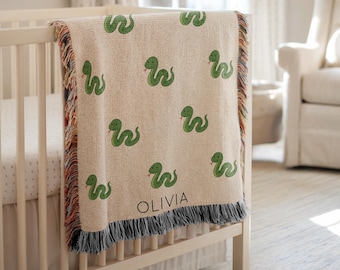 Couverture de bébé serpent personnalisée, jeté de reptile avec nom personnalisé pour garçons ou filles, cadeau de chambre de bébé serpent mignon, couverture de baby shower pour amoureux des animaux