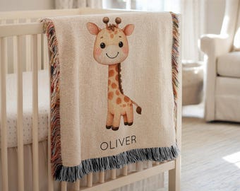 Personalized Giraffe Baby Blanket, Custom Name Safari Animal Print Throw, Cozy Jungle Nursery Bedding, Cute Wild Animal Baby Shower Gift